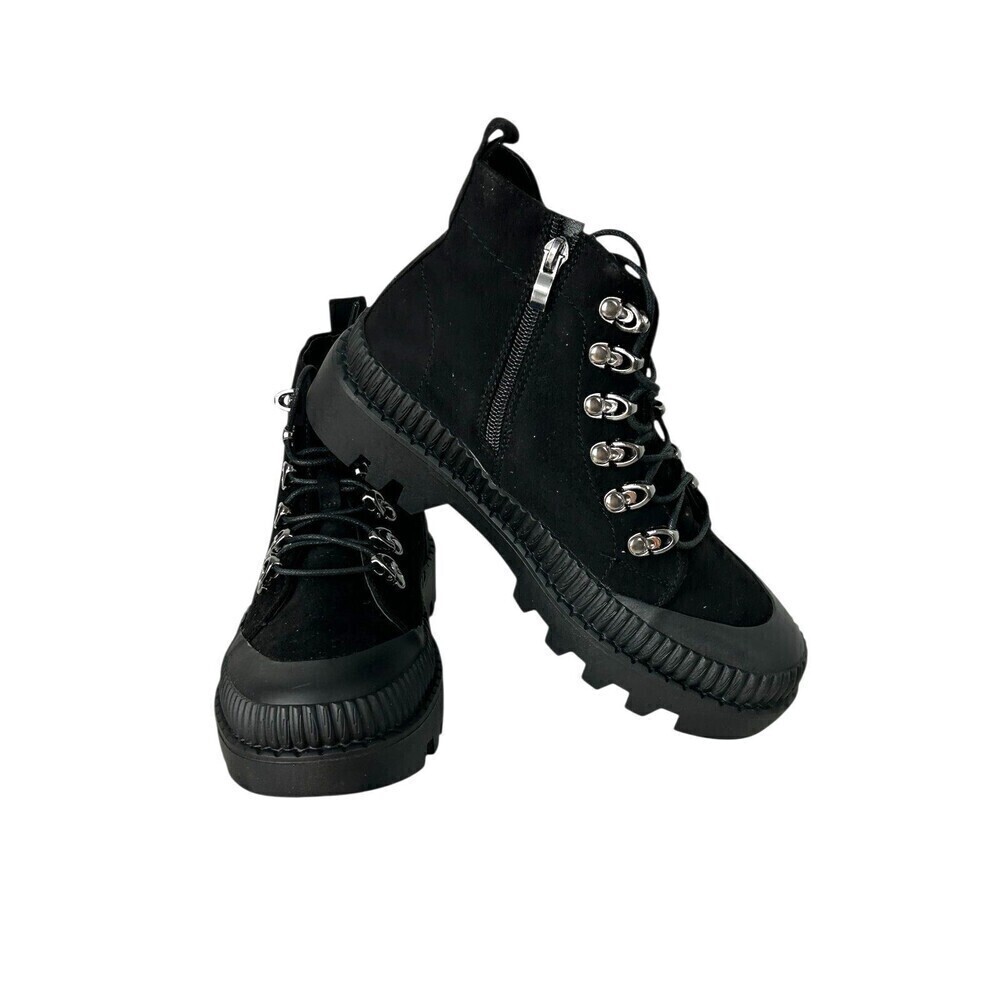 Chase + Chloe Chesley 5.5 Black Boot Combat Lace Up Bootie Side Zip Faux Suede